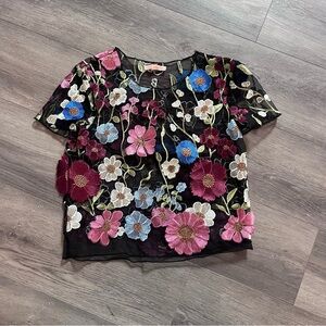 Botanical Floral Embroidered Mesh Sheer Cropped Top XS